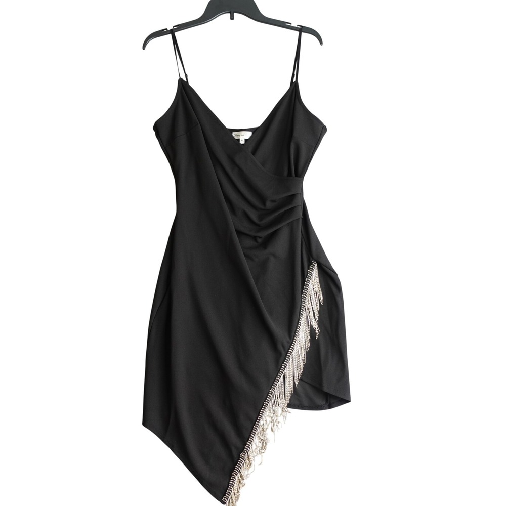 Vintage Y2K Black Rhinestone Fringe Asymmetric Mini Dress XL Glam Baddie Club